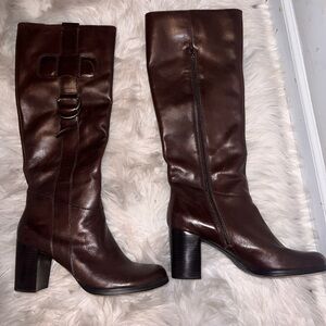 Franco Sarto Tall Brown Leather Boots Womens 9.5M Block Heel Knee High Zipping
